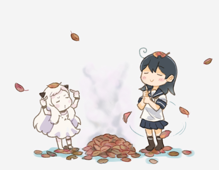 2girls autumn_leaves black_hair blue_sailor_collar blue_skirt chakram closed_eyes colored_skin commentary_request dress full_body horns kantai_collection leaf leaf_on_head long_hair multiple_girls northern_little_sister pile saiguchi_otoufu sailor_collar school_uniform serafuku shirt short_sleeves skirt ushio_(kancolle) weapon whirlwind white_dress white_hair white_shirt white_skin