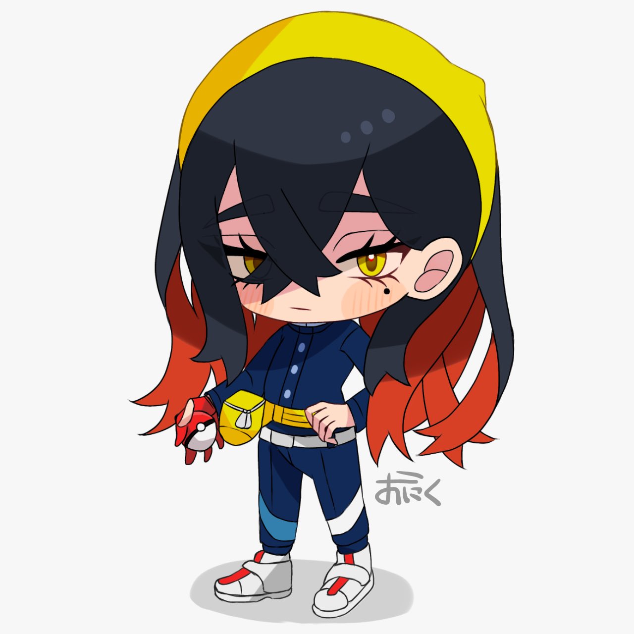 1girl black_hair blue_jacket blue_pants blueberry_academy_school_uniform carmine_(pokemon) chibi chibi_only closed_mouth colored_inner_hair crossed_bangs eyelashes eyes_visible_through_hair fanny_pack full_body gloves hair_between_eyes hairband highres holding holding_poke_ball jacket long_hair long_sleeves mole mole_under_eye multicolored_hair ninkou_tan nintendo pants partially_fingerless_gloves poke_ball poke_ball_(basic) pokemon pokemon_sv red_gloves red_hair school_uniform single_glove solo two-tone_hair white_background yellow_eyes yellow_hairband