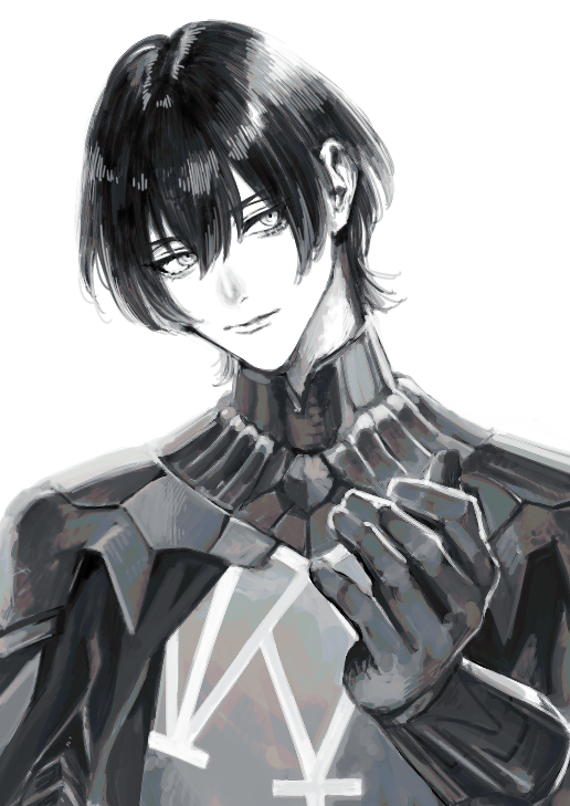 1boy arm_up armor male_byleth_(fire_emblem) cape closed_mouth double-parted_bangs fire_emblem fire_emblem:_three_houses gloves gorget hair_behind_ear hair_between_eyes head_tilt looking_to_the_side male_focus nintendo sideways_glance simple_background solo upper_body urup_zzz white_background
