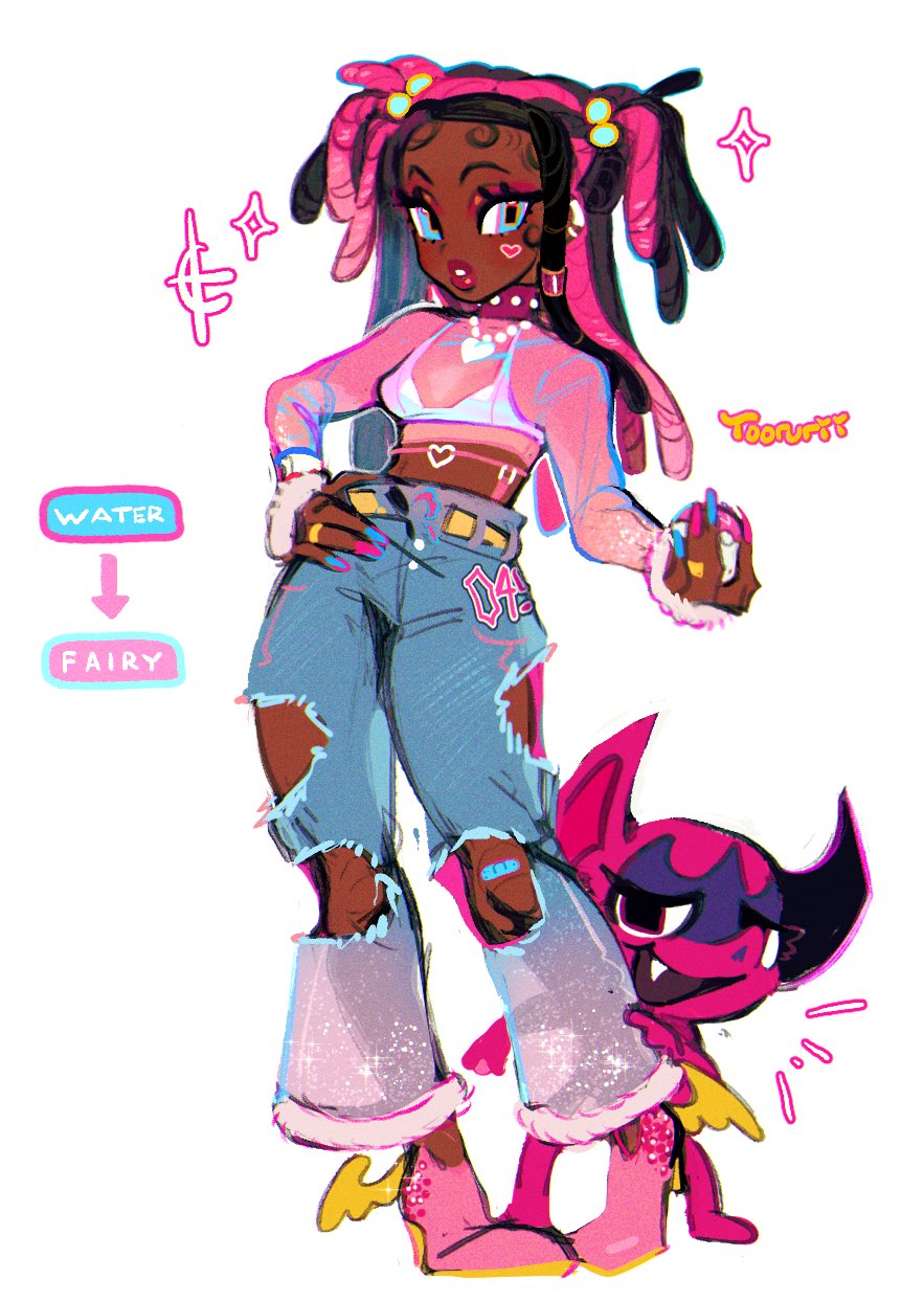 1girl 1other alternate_costume alternate_hairstyle black_hair blue_eyes bra collar commentary creatures_(company) dark-skinned_female dark_skin denim dreadlocks english_commentary fashion game_freak gen_8_pokemon hair_bobbles hair_ornament heart high_heels highres impidimp jeans long_hair midriff nessa_(pokemon) nintendo pants pink_hair pink_shoes pokemon pokemon_(creature) pokemon_swsh see-through_clothes see-through_shirt shirt shoes simple_background solo_focus spiked_collar spikes standing torn_clothes torn_pants torurii two_side_up underwear very_dark_skin white_background white_bra y2k_fashion