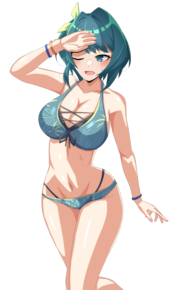 1girl aizawa_kazuha arm_at_side arm_up assault_lily asymmetrical_hair bare_arms bare_shoulders bikini blue_bikini blue_eyes blue_hair blush bracelet breasts cleavage collarbone commentary cross-laced_bikini cross-laced_clothes feet_out_of_frame floral_print front-tie_bikini_top front-tie_top hair_ribbon halterneck hand_on_own_forehead ishitsuma_canon jewelry large_breasts layered_bikini leg_up looking_at_viewer medium_hair multi-strapped_bikini_bottom navel official_alternate_costume one_eye_closed open_mouth print_bikini ribbon simple_background smile solo standing standing_on_one_leg stomach sweatdrop swimsuit white_background yellow_ribbon