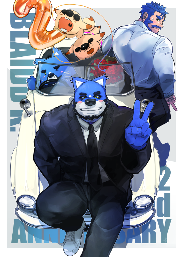 &gt;:) anniversary ashikakoshika bara beard blush_stickers bouquet car creature facial_hair flower formal_clothes fox_boy from_above full_beard indie_virtual_youtuber kaneshiro_blaidd large_pectorals looking_at_viewer looking_back male_focus muscular muscular_male on_car pectorals purple_fur purple_hair rose second-party_source shoes short_hair sitting_on_car sneakers suit thick_beard thick_eyebrows v v-shaped_eyebrows virtual_youtuber