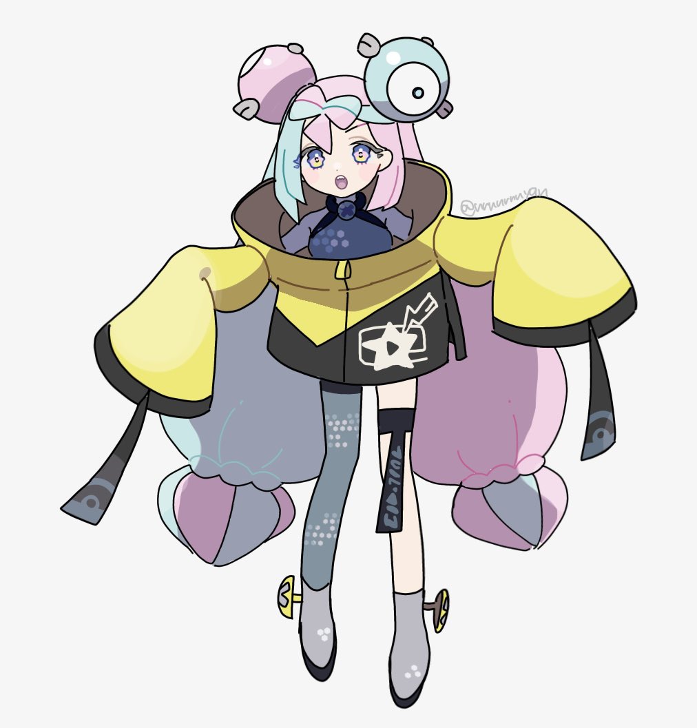 1girl :o blue_hair bow-shaped_hair character_hair_ornament creatures_(company) eneko_(olavcnkrpucl16a) full_body game_freak grey_pantyhose hair_ornament iono_(pokemon) jacket long_hair looking_at_viewer multicolored_hair nintendo open_mouth pantyhose pink_eyes pink_hair pokemon pokemon_sv sharp_teeth single_leg_pantyhose sleeves_past_fingers sleeves_past_wrists solo teeth thigh_strap twintails twitter_username two-tone_hair upper_teeth_only very_long_hair white_background wide_sleeves yellow_jacket