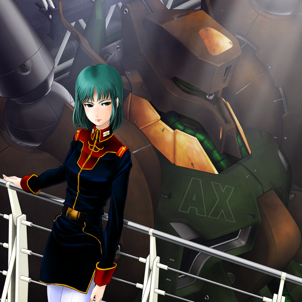 1girl gabthley green_hair gundam mecha military military_uniform mouar_pharaoh railing robot yamarata zeta_gundam