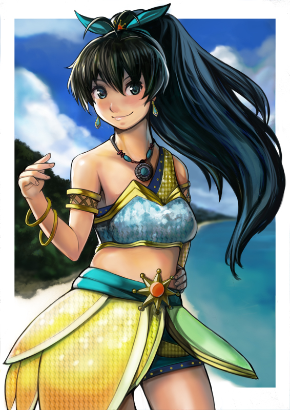 10s 1girl antenna_hair armlet bangle beach blue_eyes blush bracelet breasts comic-z day earrings female_focus ganaha_hibiki hair_ornament hand_on_own_hip idolmaster idolmaster_(classic) idolmaster_one_for_all jewelry long_hair midriff necklace ocean ponytail shorts shorts_under_skirt single_strap small_breasts smile solo