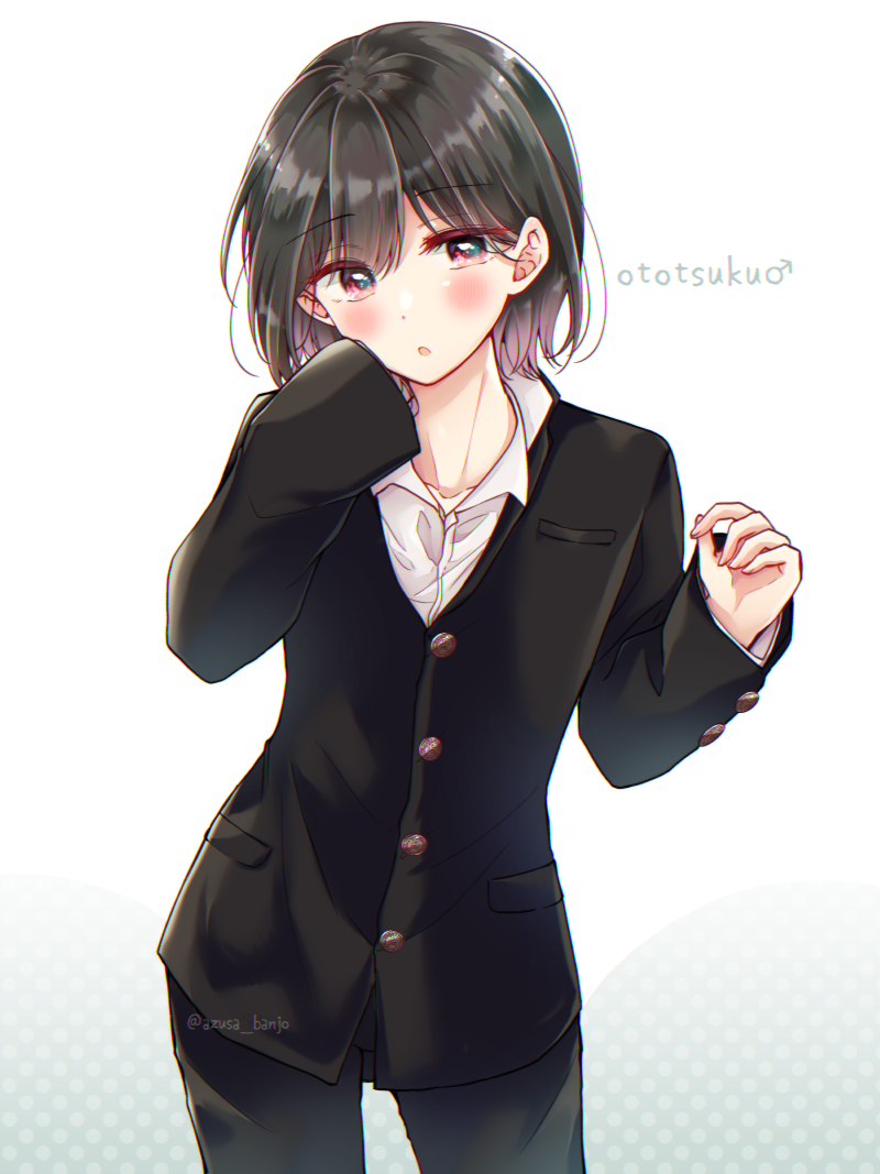 1boy artist_name banjou_azusa black_hair blush buttons collared_shirt gakuran gradient_background hair_between_eyes koisuru_(otome)_no_tsukurikata long_sleeves looking_at_viewer male_focus mars_symbol hiura_mihate open_clothes open_mouth pants parted_lips pink_eyes school_uniform shirt short_hair simple_background sleeves_past_wrists solo trap white_shirt