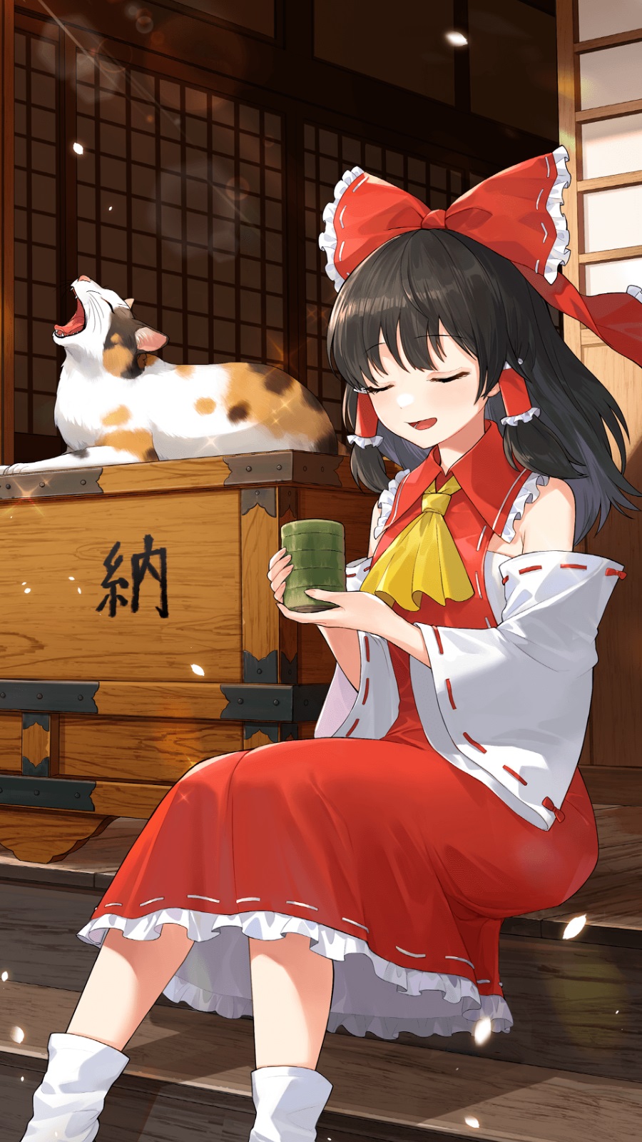 1girl artist_request ascot bare_shoulders black_hair bow box calico_cat cat closed_eyes collared_shirt cup detached_sleeves donation_box frilled_bow frilled_hair_tubes frilled_shirt_collar frills game_cg hair_bow hair_tubes hakurei_reimu hakurei_shrine highres lens_flare long_hair official_art open_mouth red_bow red_shirt red_skirt ribbon-trimmed_sleeves ribbon_trim shirt shouji sitting skirt sliding_doors smile socks solo third-party_source touhou touhou_arcadia_record white_socks wide_sleeves yellow_ascot yunomi