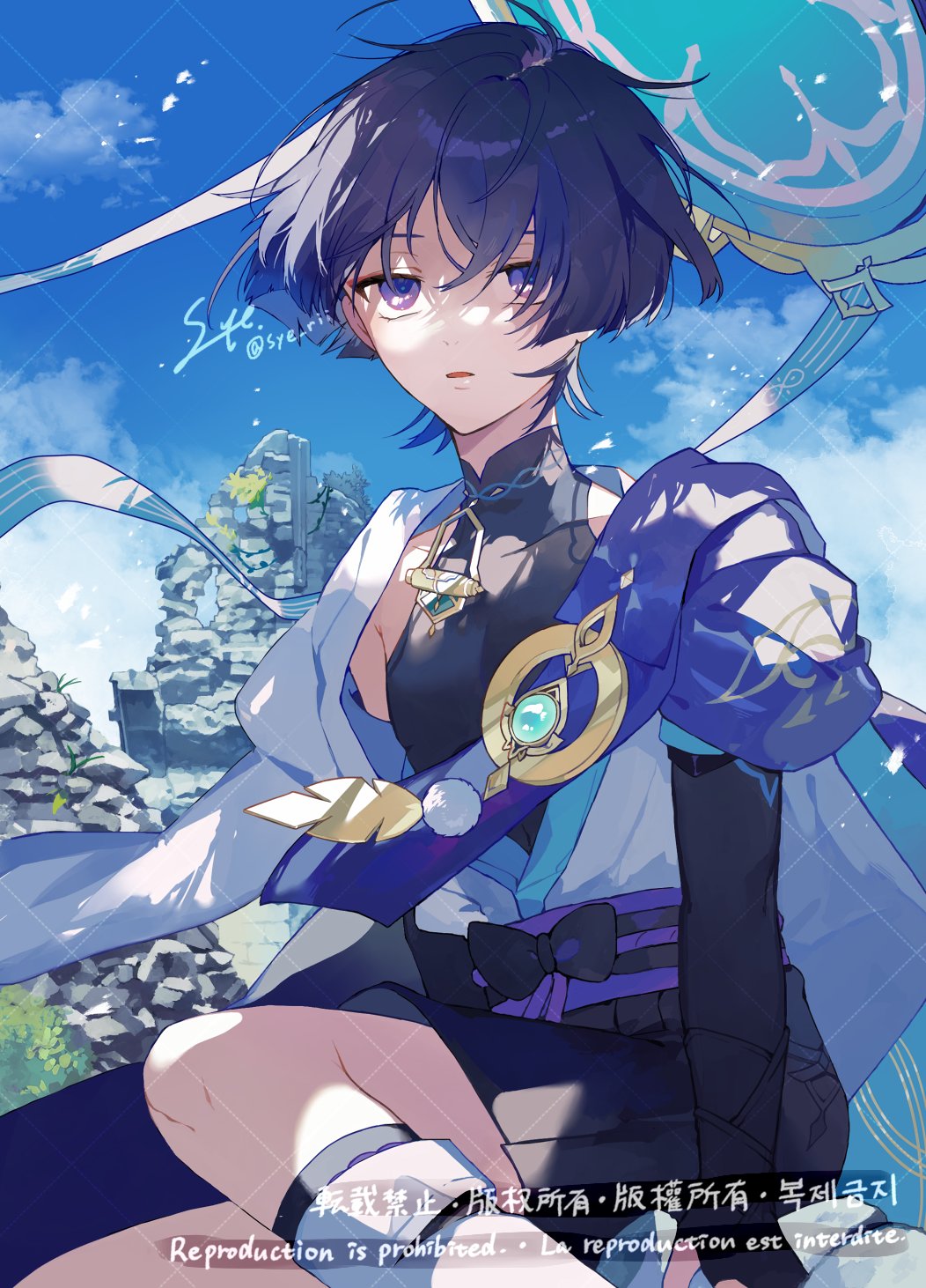 1boy aqua_sleeves armpit_crease belt black_belt black_bodysuit black_bow black_hair black_shorts black_socks blue_cape blue_sky blunt_ends bodysuit bow cape cloud cloudy_sky covered_collarbone falling_petals feathers genshin_impact gold hair_between_eyes hakama hakama_shorts hat highres japanese_clothes kimono knees layered_clothes layered_kimono leg_warmers loose_hair_strand male_focus mandarin_collar open_clothes open_kimono parted_lips petals pom_pom_(clothes) purple_eyes purple_rope purple_sash rope sash scaramouche_(genshin_impact) short_sleeves shorts shoulder_peek signature sitting sky socks solo syerii twitter_username unworn_hat unworn_headwear vision_(genshin_impact) wanderer_(genshin_impact) watermark white_kimono white_sleeves white_trim