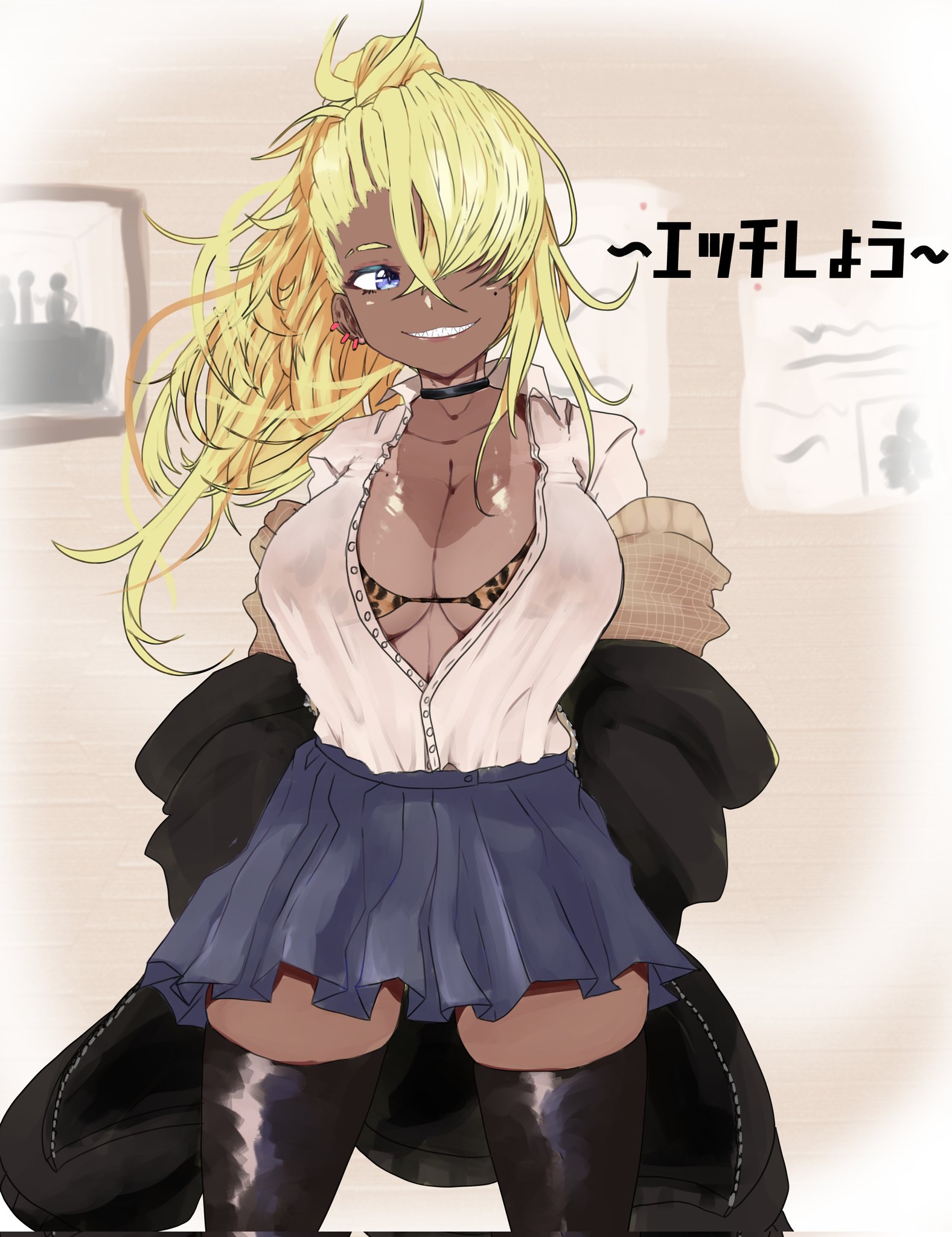 1girl animal_print black_choker black_jacket black_thighhighs blonde_hair blue_eyes bra breasts buttons choker cleavage commentary cowboy_shot dark-skinned_female dark_skin earrings english_commentary grey_skirt grin gyaru hair_between_eyes hair_over_one_eye high_ponytail highres jacket jacket_partially_removed jewelry large_breasts leopard_print long_bangs long_hair looking_at_viewer mole mole_under_eye original painting_(object) partially_unbuttoned ponytail print_bra shirt skirt smile solo thighhighs underwear weeze white_shirt