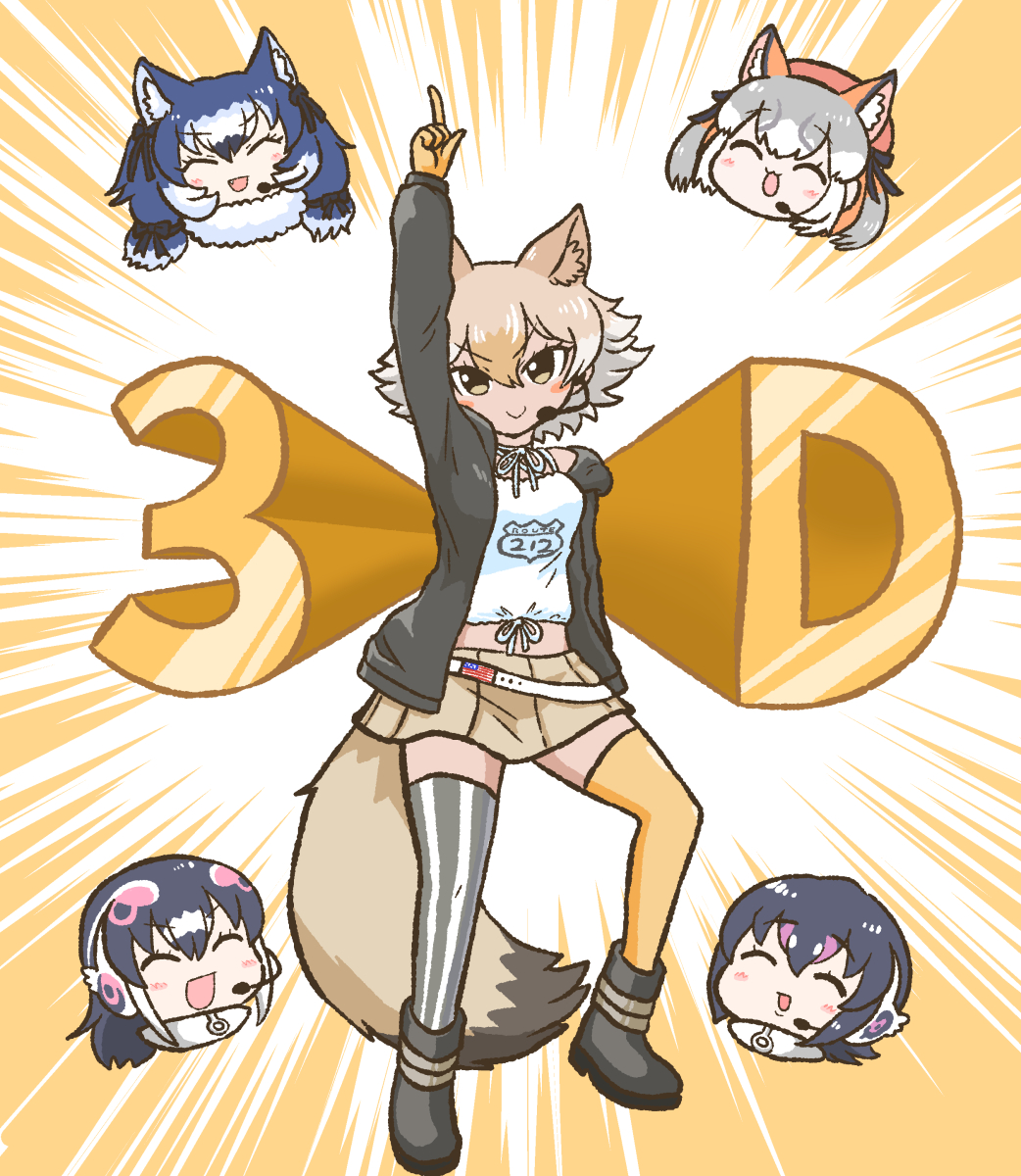 ^_^ african_wild_dog_(kemono_friends) animal_ears closed_eyes coyote_(kemono_friends) dire_wolf_(kemono_friends) gloves hair_between_eyes highres humboldt_penguin_(kemono_friends) island_fox_(kemono_friends) kemono_friends kemono_friends_v_project kotobuki_(tiny_life) necktie shirt skirt tail thighhighs virtual_youtuber