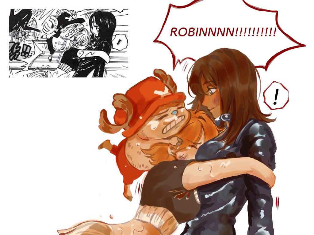 ! 1boy 2girls antlers black_hair blue_nose blunt_bangs closed_eyes commentary crop_top derivative_work horns hug jacket leather leather_jacket long_sleeves medium_hair multiple_girls nami_(one_piece) nami_(one_piece)_(enies_lobby) nico_robin nico_robin_(water_7) one_piece orange_hair profile reference_inset reference_photo reindeer reindeer_antlers sanji_(one_piece) serein shorts simple_background snot speech_bubble symbol-only_commentary tony_tony_chopper upper_body white_background