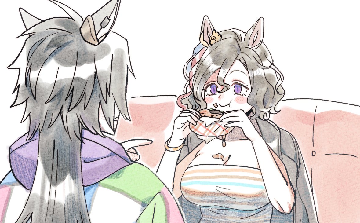2girls air_shakur_(umamusume) animal_ears black_hair blush bow bracelet breasts cleavage eating food food_on_body holding holding_food horse_ears jacket jacket_on_shoulders jewelry large_breasts long_hair multiple_girls pointing purple_eyes shirt short_hair smile strapless strapless_shirt tap_dance_city_(umamusume) uma_ozisan umamusume upper_body