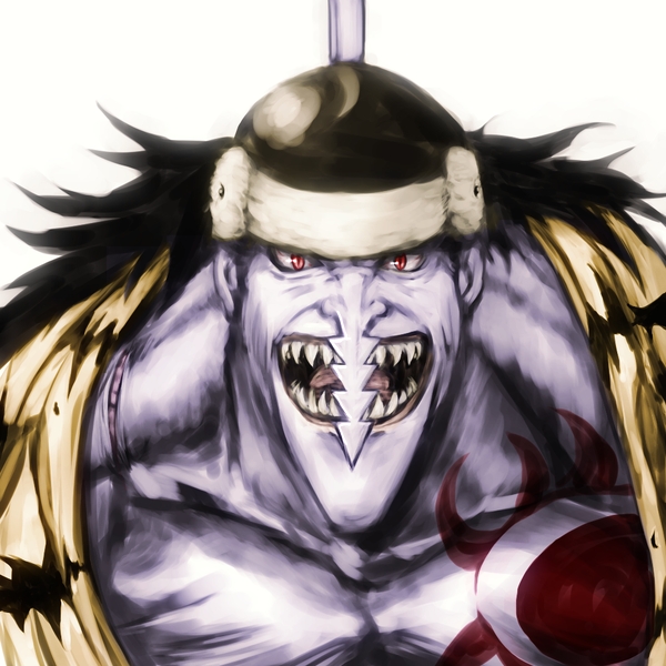 1boy arlong black_hair chest_tattoo colored_skin commentary_request denchu_(gowan) fish_boy fur_hat hat long_hair looking_at_viewer male_focus muscular muscular_male one_piece open_clothes open_mouth purple_skin red_eyes sharp_teeth simple_background solo tattoo teeth ushanka white_background