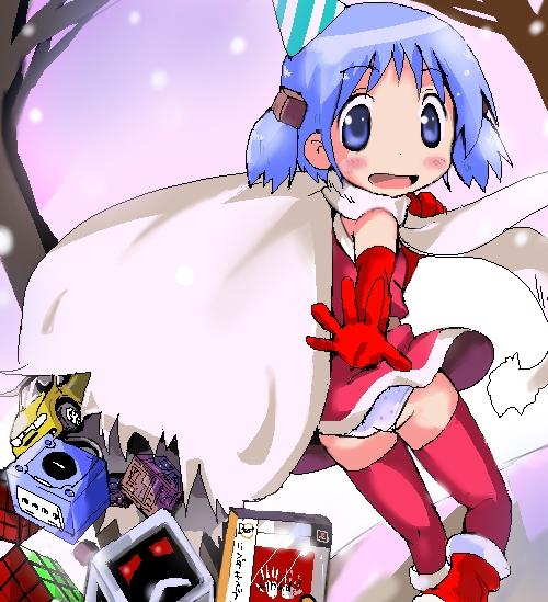 1girl artist_request blue_hair chiristmas christmas_costum game_console gamecube naganohara_mio nichijou nissan panties underwear white_panties