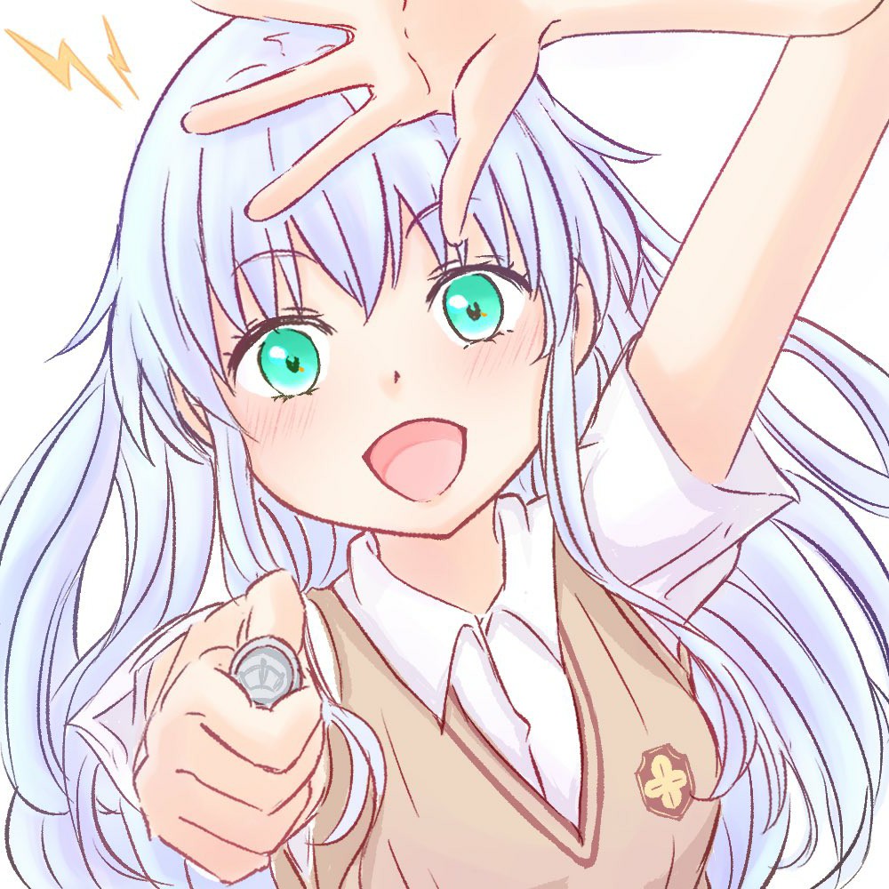 1girl aiming aiming_at_viewer breasts brown_sweater_vest brown_vest coin collared_shirt cosplay emblem grey_hair holding holding_coin index_(toaru_majutsu_no_index) komemogoo lightning_bolt_symbol long_hair misaka_mikoto misaka_mikoto_(cosplay) pose_imitation railgun_(misaka_mikoto) school_emblem school_uniform shirt simple_background small_breasts smile solo summer_uniform sweater_vest toaru_majutsu_no_index tokiwadai_school_uniform upper_body vest white_background white_shirt