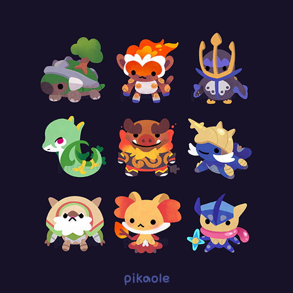 ._. :&lt; artist_name black_background chesnaught chibi closed_mouth delphox emboar empoleon fangs fire full_body gen_4_pokemon gen_5_pokemon gen_6_pokemon greninja holding holding_shuriken holding_wand holding_weapon infernape long_tongue nintendo no_humans pikaole pokemon pokemon_(creature) pokemon_focus red_eyes samurott serperior shuriken simple_background starter_pokemon_trio tongue tongue_scarf torterra tree wand watermark weapon