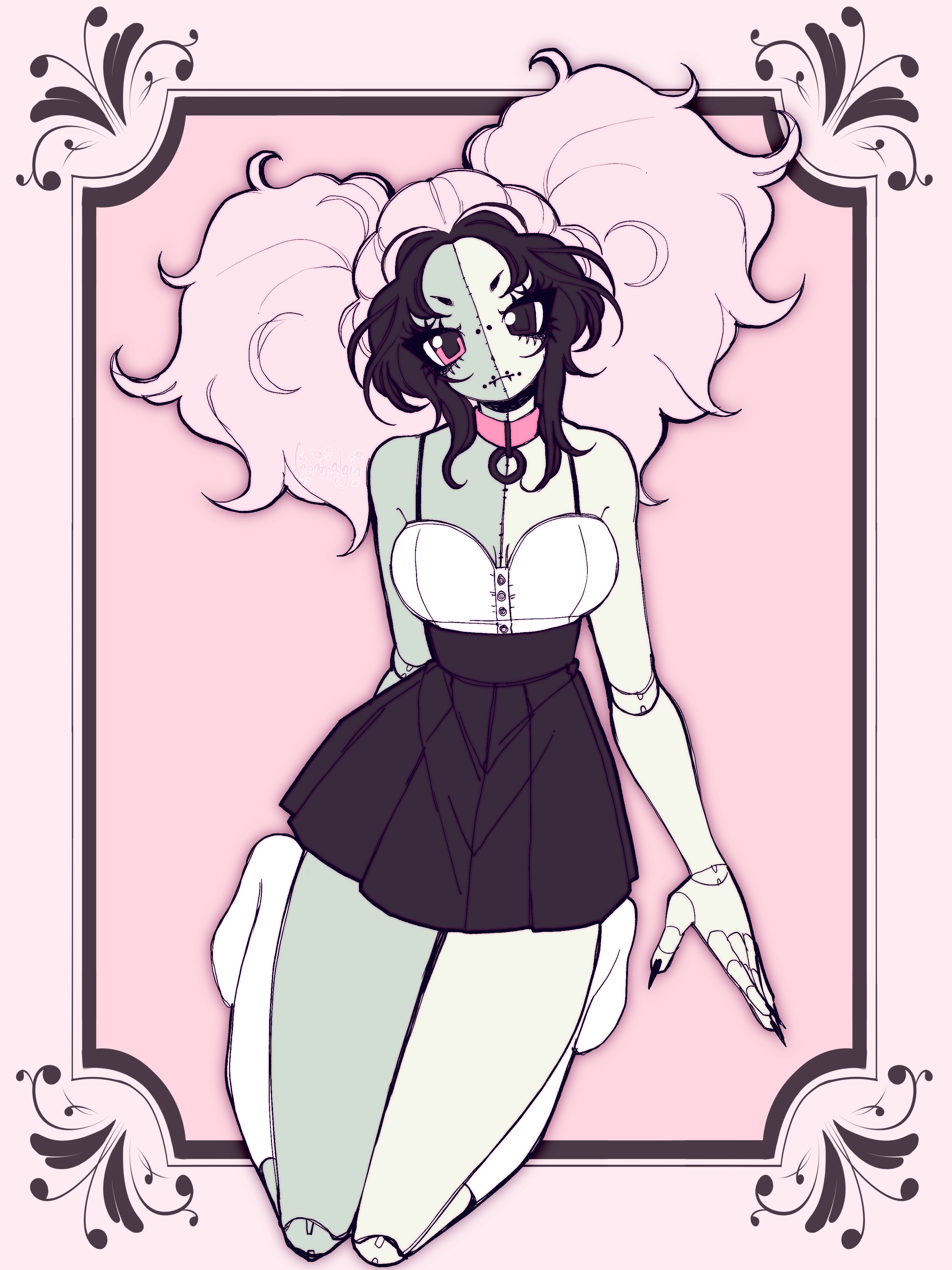 absurdres angelbite_(piercing) black_hair black_skirt breasts bridge_piercing choker cleavage colored_skin dahlia_(piercing) doll_joints dreamalgia eyelashes fingernails fluffy_hair green_skin heterochromia high-waist_skirt highres joints kneehighs kneeling long_fingernails multicolored_hair original piercing pink_hair skirt socks split-color_skin tsurime twintails two-tone_hair