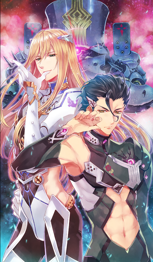 2boys abs arm_at_side arm_guards armor armpits bishounen black_hair blonde_hair charles_babbage_(fate) clothing_cutout commentary cowboy_shot detached_sleeves diarmuid_ua_duibhne_(fate) diarmuid_ua_duibhne_(lancer)_(fate) diarmuid_ua_duibhne_(operation_fionna)_(fate) fate/grand_order fate_(series) fionn_mac_cumhaill_(fate/grand_order) fionn_mac_cumhaill_(operation_fionna)_(fate) gloves glowing glowing_eye green_eyes hair_between_eyes hair_ornament hair_slicked_back hairclip hand_on_own_hip high_collar kasukabe_akira long_hair looking_at_viewer male_focus mole mole_under_eye multiple_boys navel non-humanoid_robot official_art power_armor red_background robot science_fiction short_hair side_cutout sidelocks single_bare_shoulder standing stomach_cutout third-party_source toned toned_male white_gloves yellow_eyes