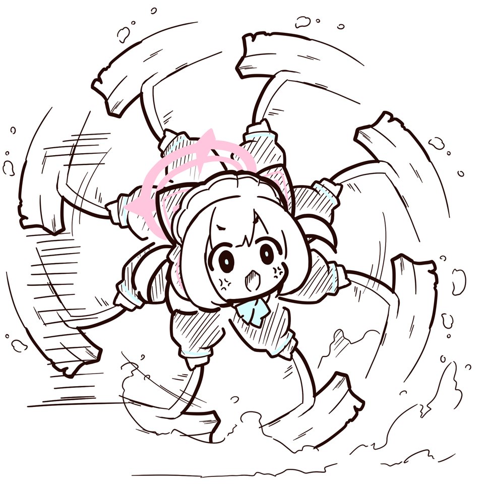 1girl alternate_hairstyle anger_vein animal_ear_headphones animal_ears blue_archive cat_ear_headphones chibi death_momoi_(meme) extra_arms fake_animal_ears halo headphones holding holding_mop maid maid_headdress meme momoi_(blue_archive) momoi_(maid)_(blue_archive) mop motion_blur official_alternate_costume open_mouth pink_halo simple_background soap_bubbles solo sou_shinpu spinning white_background