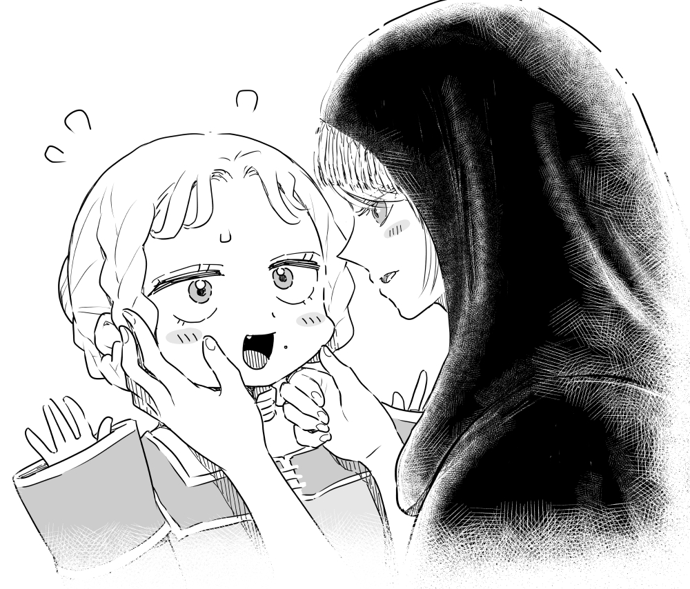 2girls blush blush_stickers elden_ring fang fia_the_deathbed_companion flying_sweatdrops grabbing_another&#039;s_chin greyscale hand_on_another&#039;s_chin hands_on_another&#039;s_face hood hood_up kari_(kakko_k) monochrome multiple_girls rya_(elden_ring) white_background