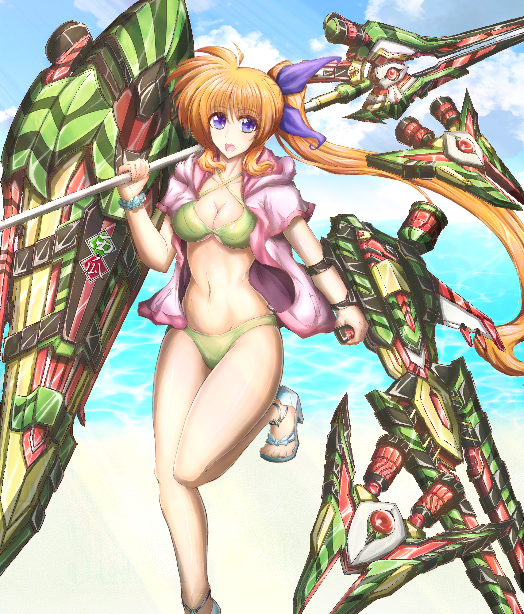 1girl alternate_weapon beach bikini blue_sky breasts cleavage cloud cloudy_sky commentary_request criss-cross_halter day fortress_(nanoha) green_bikini hair_ribbon halterneck highres hood hood_down hoodie horizon itutooki_kousin leg_up looking_at_viewer lyrical_nanoha mahou_senki_lyrical_nanoha_force mahou_shoujo_lyrical_nanoha medium_hair navel no_pants ocean open_clothes open_hoodie open_mouth orange_hair outdoors partial_commentary pink_hoodie purple_eyes purple_ribbon raising_heart raising_heart_(blaster_bit) raising_heart_estrea ribbon sandals scrunchie side_ponytail sky solo standing standing_on_one_leg strike_cannon swimsuit takamachi_nanoha translated weapon white_sandals wrist_scrunchie