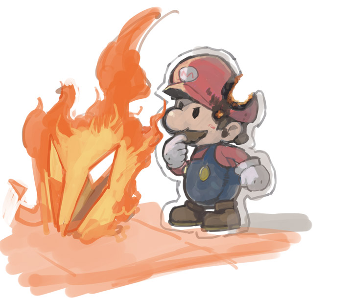 1boy big_nose black_eyes blue_overalls boots brown_boots brown_hair burnt buttons cabbie_hat clenched_hand facial_hair fire full_body gloves hand_on_own_chin hat light_blush long_sleeves looking_at_object male_focus mario mario_(series) mustache nintendo outline overalls paper paper_mario paper_mario:_the_origami_king paper_mario_(character) red_hat red_shirt rokuyontarou shadow shirt short_hair simple_background solid_oval_eyes thinking tile_floor tiles v-shaped_eyebrows white_background white_gloves white_outline