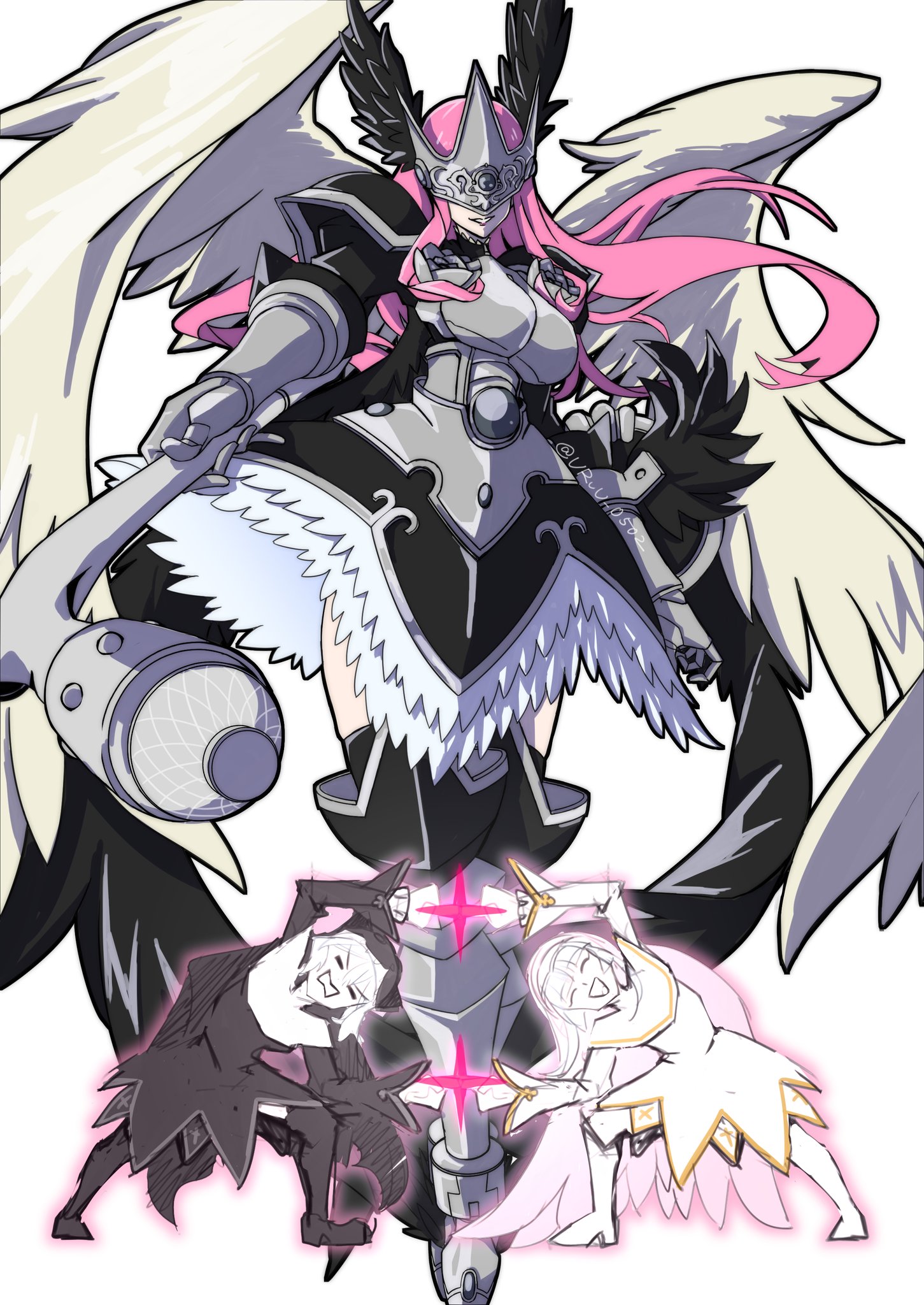 3girls appmon beautymon digimon feathered_wings fusion fusion_dance highres jiyuuya long_hair multiple_girls pink_hair simple_background sistermon_blanc sistermon_noir tagme white_background white_wings wings