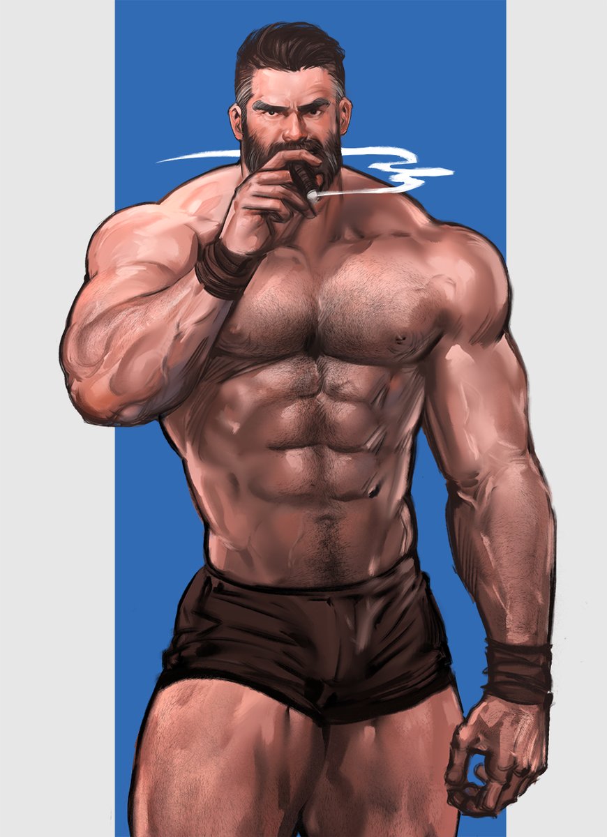 1boy abs armband bara beard broad_shoulders brown_armband brown_hair brown_male_underwear chest_hair cigarette connected_beard dopey_(dopq) facial_hair highres holding holding_cigarette male_focus male_underwear mature_male multicolored_hair muscular muscular_male nipples original pectorals serious short_hair solo two-tone_hair underwear veins