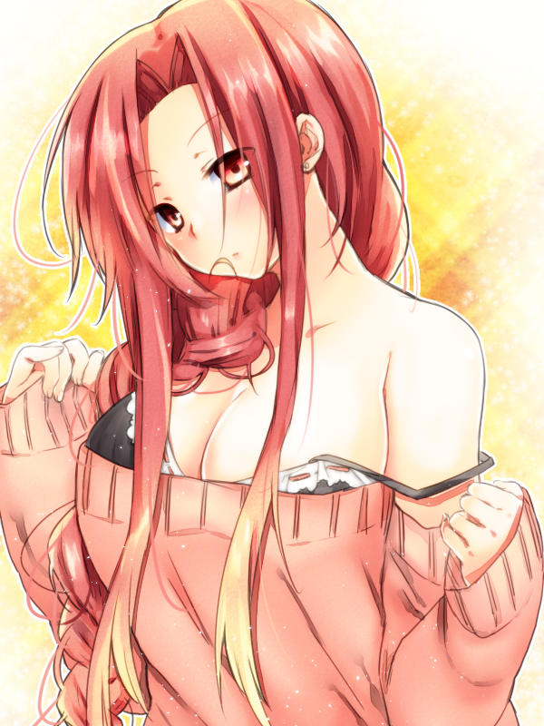 1girl aozaki_touko blush bra breasts female_focus hair_down kamehima kara_no_kyoukai large_breasts long_hair off_shoulder red_eyes red_hair shirt_down sidelocks solo sweater underwear