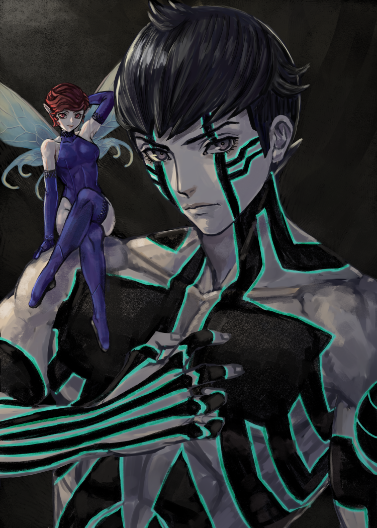 1boy 1girl arm_behind_head black_background black_hair blue_gloves blue_leotard blue_thighhighs breasts crossed_legs demi-fiend elbow_gloves fairy fairy_wings full-body_tattoo ginkado gloves grey_eyes hand_on_another&#039;s_shoulder hand_on_own_chest leotard looking_at_viewer medium_breasts mini_person minigirl pixie_(megami_tensei) pointy_ears red_eyes red_hair shin_megami_tensei shin_megami_tensei_iii:_nocturne short_hair tattoo thighhighs topless_male wings