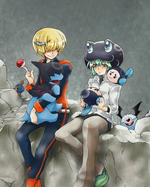 ace_trainer_(male)_(pokemon_bw) ace_trainer_(pokemon) belphegor_(reborn) blonde_hair cave cosplay crossover deino_(pokemon) fran_(reborn) gen_5_pokemon green_hair hair_over_eyes hat katekyo_hitman_reborn! n_(pokemon) n_(pokemon)_(cosplay) nintendo npc_trainer poke_ball pokemon pokemon_bw rock roggenrola sitting tiara tympole woobat