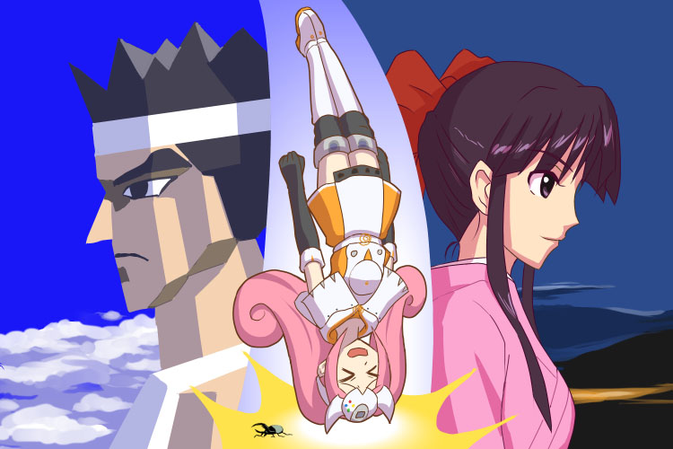 &gt;_&lt; 00s 1boy 2girls beetle boots bow bug capelet cloud crossover elbow_gloves closed_eyes game_console gloves headband bug japanese_clothes kimono knee_boots multiple_crossover multiple_girls mushiking outdoors personification pink_hair low_poly red_bow sakura_taisen sega sega_dreamcast sega_dreamcast_(sega_hard_girls) sega_hard_girls shinguuji_sakura sky stmk64 thighhighs twintails upside-down virtua_fighter yuki_akira