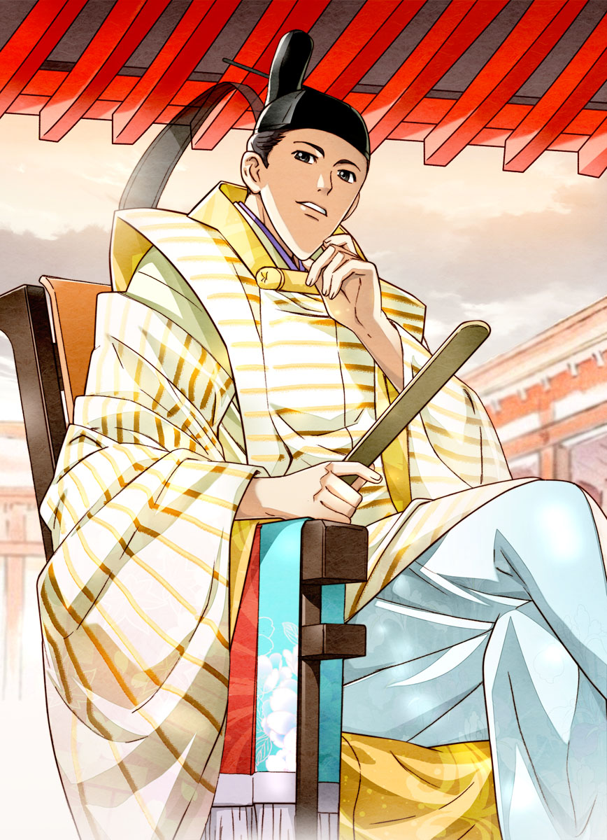 10s 1boy black_hair chair hat highres japanese_clothes kaguya-hime_no_monogatari looking_at_viewer male_focus mikado_(kaguya-hime_no_monogatari) nyoro_(nyoronyoro000) pointy_chin sitting solo studio_ghibli