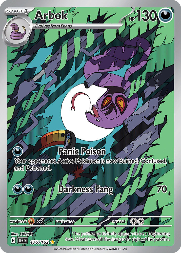animal_focus arbok artist_name card_(medium) character_name closed_mouth company_name copyright_name copyright_notice ekans english_text forked_tongue full_moon gen_1_pokemon gen_7_pokemon in_tree long_tongue moon nintendo no_humans non-web_source official_art okubo_(pokemon) open_mouth pokemon pokemon_(creature) pokemon_card pokemon_focus pokemon_tcg sharp_teeth snake teeth third-party_source tongue tongue_out toucannon trading_card tree upside-down