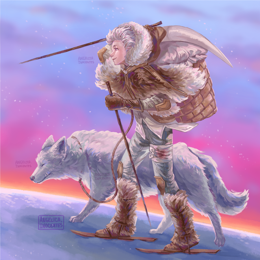 1boy artist_name artsyinnocence bandaged_leg bandages brown_gloves full_body fumetsu_no_anata_e fur_trim fushi gloves grey_hair holding joan_(fumetsu_no_anata_e) long_sleeves profile skis standing the_nameless_boy_(fumetsu_no_anata_e)