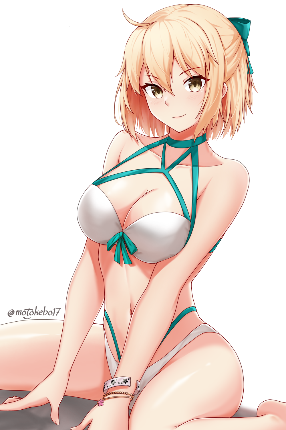 1girl bikini blonde_hair breasts cleavage closed_mouth collarbone commentary_request fate/grand_order fate_(series) green_ribbon hair_ribbon half_updo highres large_breasts looking_at_viewer motokebo17 official_alternate_costume okita_j._souji_(fate) okita_j._souji_(third_ascension)_(fate) okita_souji_(fate) ribbon shadow short_hair simple_background sitting smile solo stomach swimsuit twitter_username white_background white_bikini