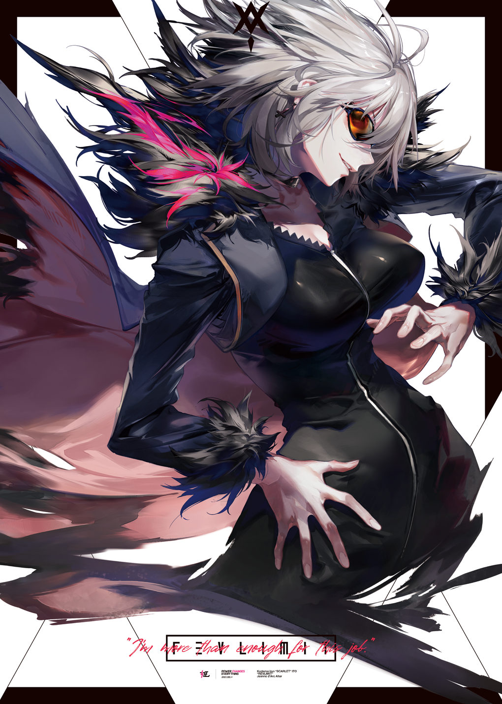 1girl ahoge blue_jacket breasts collarbone cropped_jacket cross cross_earrings dress earrings fate/apocrypha fate/grand_order fate_(series) female_focus floating_hair fur-trimmed_jacket fur_trim grin hand_on_own_hip hand_up highres jacket jeanne_d&#039;arc_(fate) jeanne_d&#039;arc_alter_(avenger)_(fate) jeanne_d&#039;arc_alter_(fate) jeanne_d&#039;arc_alter_(ver._shinjuku_1999)_(fate) jewelry kodama_(wa-ka-me) large_breasts looking_afar official_alternate_costume short_hair sidelocks silver_hair smile solo sunglasses tinted_eyewear wind wind_lift yellow_eyes