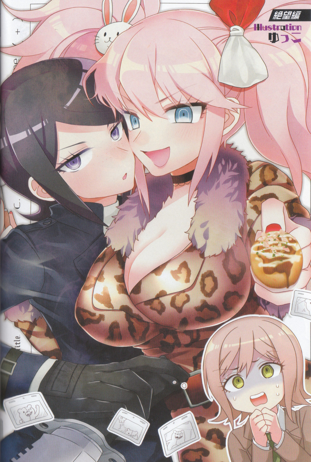 belt black_gloves black_jacket blonde_hair blue_eyes bow breasts brown_belt brown_suit camera choker combat_knife danganronpa:_trigger_happy_havoc danganronpa_(series) danganronpa_3_(anime) enoshima_junko formal_clothes gloves green_eyes green_necktie hair_ornament highres ikusaba_mukuro jacket knife large_breasts looking_at_viewer mitarai_ryota monokuma necktie official_art rabbit_hair_ornament red_bow red_nails shirt suit weapon white_background white_bow white_shirt