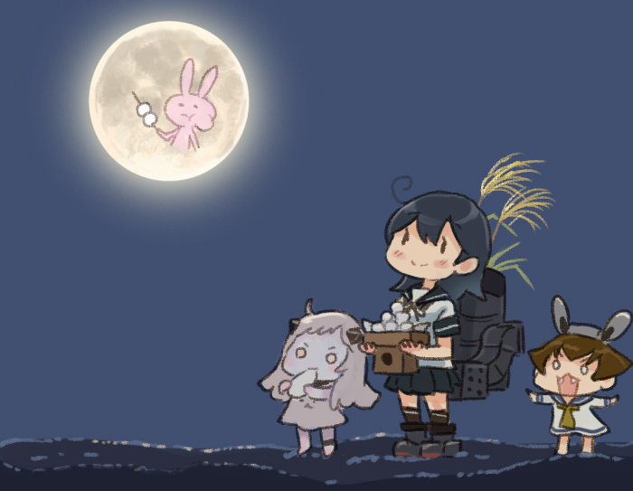 3girls abyssal_ship ahoge black_hair black_skirt blue_sailor_collar colored_skin dress food full_body full_moon kantai_collection long_hair machinery mochi moon multiple_girls night northern_little_sister pleated_skirt rabbit saiguchi_otoufu sailor_collar sailor_dress school_uniform serafuku skirt standing translation_request ushio_(kancolle) white_dress white_hair white_skin yukikaze_(kancolle)