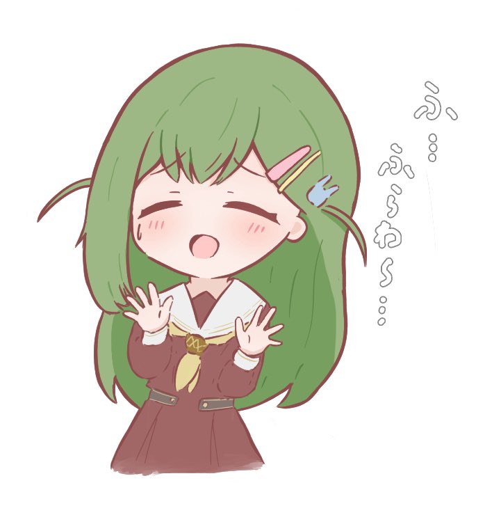 1girl :d ^_^ blush borrowed_hairstyle brown_dress catchphrase closed_eyes commentary dress facing_viewer green_hair hair_ornament hairclip hands_up hasu_no_sora_school_uniform hinoshita_kaho link!_like!_love_live! long_sleeves love_live! neckerchief ogami_sachi open_hands open_mouth parallel_hairclips rabbit_hair_ornament raised_inner_eyebrows sailor_collar sailor_dress school_uniform smile solo speech_bubble sweatdrop tokusa_(sachi_biglove) translation_request two_side_up virtual_youtuber white_sailor_collar winter_uniform yellow_neckerchief