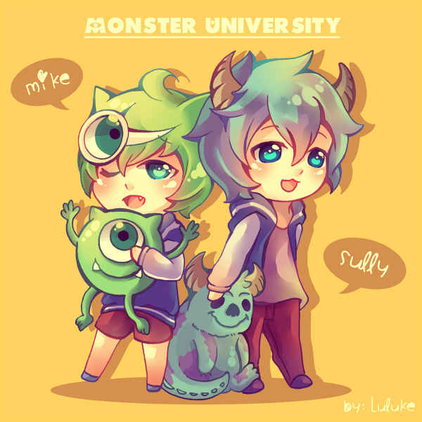 2boys blue_eyes blue_hair green_eyes green_hair hair_over_one_eye horns james_p._sullivan luluke male_focus microphone mike_wazowski monsters_inc. multiple_boys one-eyed open_mouth personification sharp_teeth shirt short_hair smile teeth