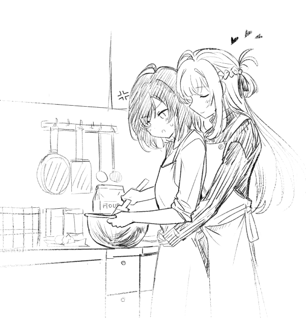 2girls anger_vein apron baking blush braid closed_eyes closed_mouth commentary_request flour frying_pan greyscale half_up_braid holding hug hug_from_behind kitchen long_sleeves lr6fko4upypf9hv medium_hair mixing_bowl miyagi_shiori monochrome multiple_girls parted_lips sendai_hazuki shuuniichido_classmate_wo_kau_hanashi smile sweater yuri