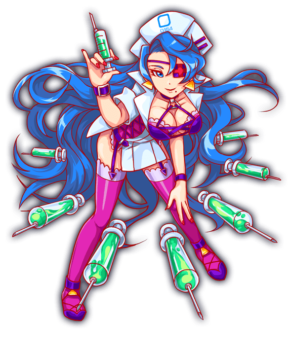 anime_coloring artist_request belt blue_eyes blue_hair blue_pupils bra bra_strap breasts choker cleavage closed_mouth collar collared_dress corset crash_fever cross-laced_clothes cross-laced_dress dress earrings eyelashes eyepatch floating floating_object full_body game_cg green_liquid hand_on_own_knee hannah_(crash_fever) hat high_heels holding holding_syringe jewelry lace lace-trimmed_corset lace-trimmed_thighhighs lace_trim large_breasts leaning_forward legs_apart lips long_hair medical_eyepatch mole mole_under_mouth nail_polish number_print numbered nurse nurse_cap official_art outline parted_bangs pink_corset pink_thighhighs print_headwear purple_belt purple_bra purple_choker purple_footwear purple_garter_straps red_nails red_outline short_dress short_sleeves single_hair_intake sleeve_cuffs sleeves_rolled_up smile solo square square_print standing strappy_heels syringe tachi-e thighhighs third-party_source transparent_background triangle_earrings triangle_ring underwear very_long_hair wavy_hair white_collar white_dress white_hat white_sleeve_cuffs white_sleeves wrist_belt