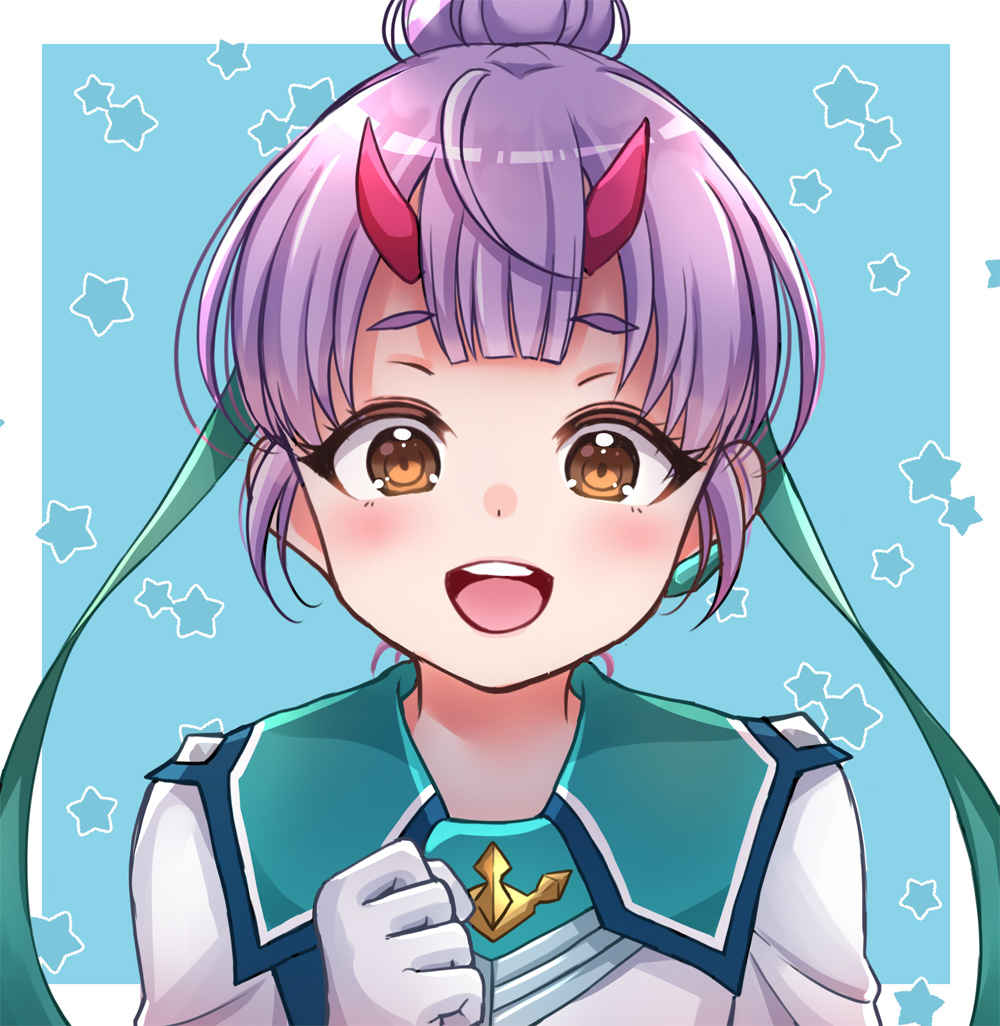 1girl brown_eyes clenched_hand fiona_(xenoblade) gloves hair_bun horns kurume_sml purple_hair single_hair_bun star_(symbol) star_symbol_background white_gloves xenoblade_chronicles_(series) xenoblade_chronicles_3