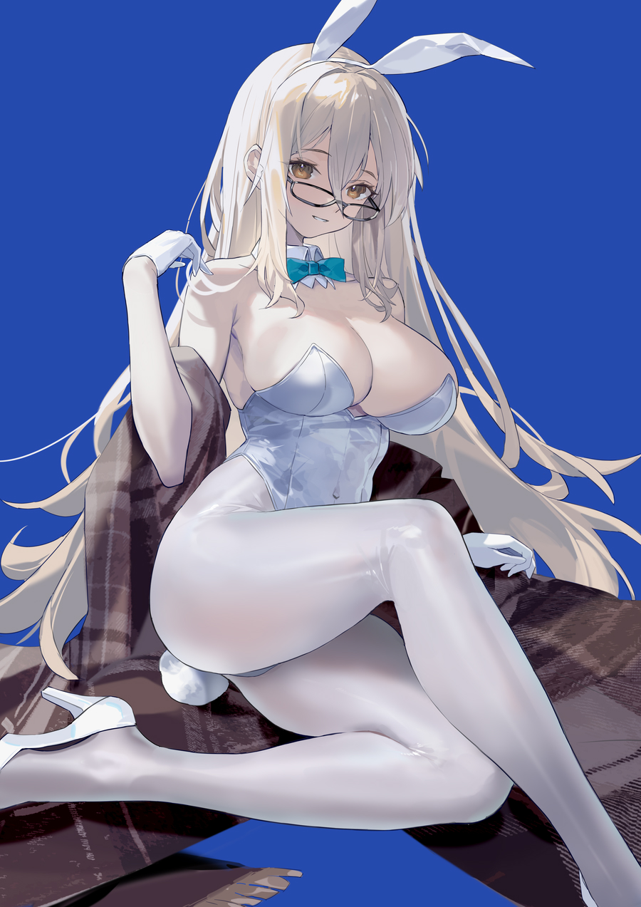 1girl akane_(blue_archive) akane_(bunny)_(blue_archive) animal_ears black-framed_eyewear blue_archive blue_background blue_bow bow breasts brown_eyes cleavage covered_navel detached_collar fake_animal_ears fake_tail gloves grin high_heels highres large_breasts leotard light_brown_hair long_hair miyazakisoul official_alternate_costume pantyhose rabbit_ears rabbit_tail simple_background smile solo strapless strapless_leotard tail white_footwear white_gloves white_leotard white_pantyhose