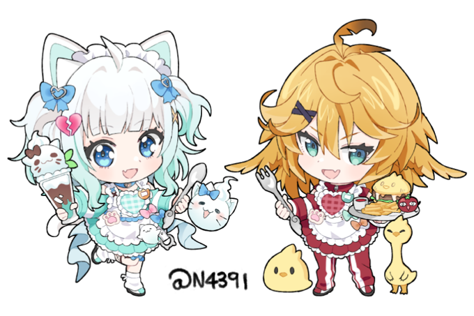 2girls :d ahoge alternate_costume apron aqua_dress aqua_eyes blonde_hair blue_eyes broken_heart chibi commentary dokibird_(vtuber) dokibird_(vtuber)_(bounty_hunter) dokibird_(vtuber)_(tomato) dragoon_(dokibird) dress english_commentary fang food french_fries frills full_body gradient_hair hair_ornament hairclip heart holding holding_food holding_spoon holding_spork ice_cream indie_virtual_youtuber looking_at_viewer maid_headdress medium_hair mint_fantome mint_fantome_(minto_2.0) multicolored_hair multiple_girls n4391 open_mouth pants red_dress red_pants shoes simple_background skin_fang smile socks spoon spork sundae triangular_headpiece twitter_username two_side_up virtual_youtuber white_apron white_background white_hair wisps_(mint_fantome)