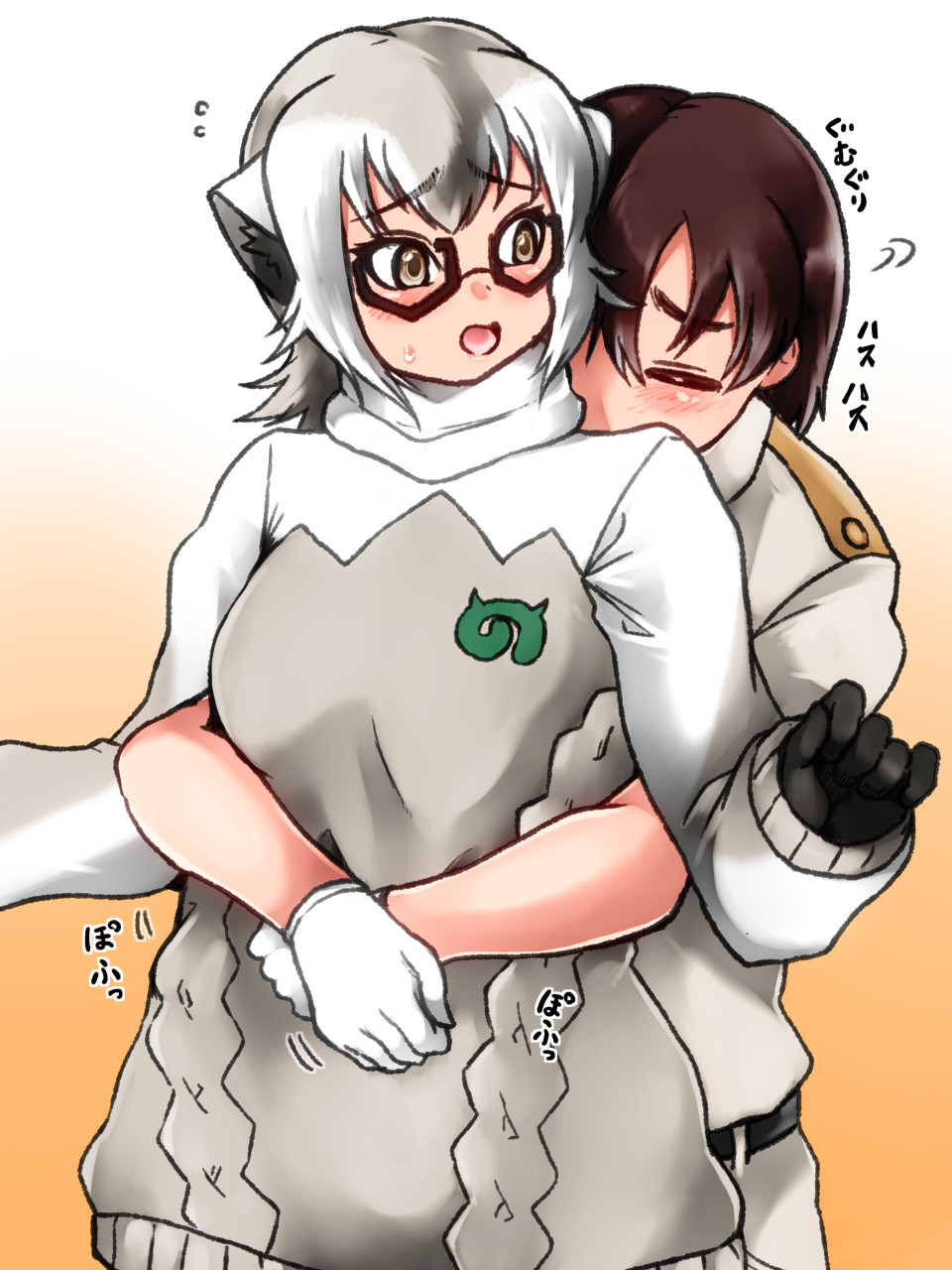 1boy 1girl animal_ears black_hair blush captain_(kemono_friends) commission embarrassed extra_ears glasses gloves grey_hair highres hug hug_from_behind isna_(footprintsofisna) japari_symbol kemono_friends kemono_friends_3 long_sleeves looking_at_another meerkat_(kemono_friends) meerkat_ears multicolored_hair open_mouth pixiv_commission shirt short_hair short_sleeves sweatdrop sweater two-tone_hair two-tone_sweater white_hair