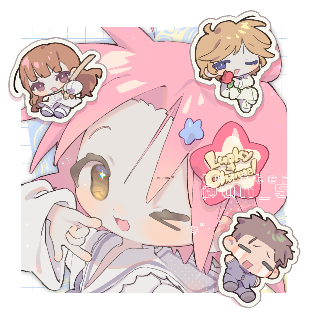 2boys 2girls \m/ artist_name black_neckerchief blonde_hair blush bokken brown_hair character_cutout chibi closed_eyes flower gakuran gotou_yuuko gottouza grid_background happy kogami_akira long_hair lucky_channel lucky_star multiple_boys multiple_girls neckerchief one_eye_closed ono_daisuke pink_hair rose sailor_collar school_uniform shiraishi_minoru shoes short_hair star_(symbol) sword tendoshi tuxedo weapon white_background white_sailor_collar white_shoes wooden_sword
