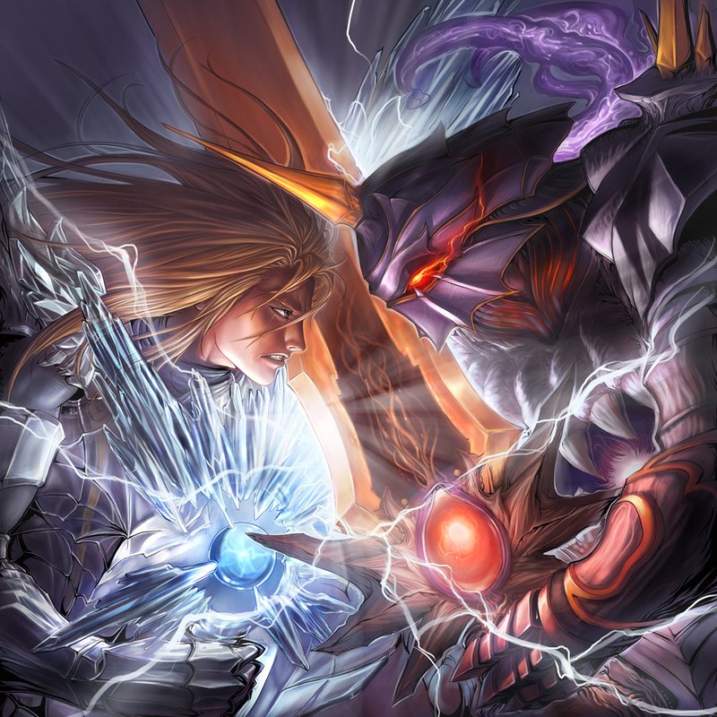 2boys armor battle blonde_hair chrisnfy85 epic eyeball glowing long_hair male_focus manly multiple_boys nightmare_(soulcalibur) scar siegfried_schtauffen soul_calibur soul_calibur_(weapon) soul_edge_(weapon) soulcalibur_iv sword weapon