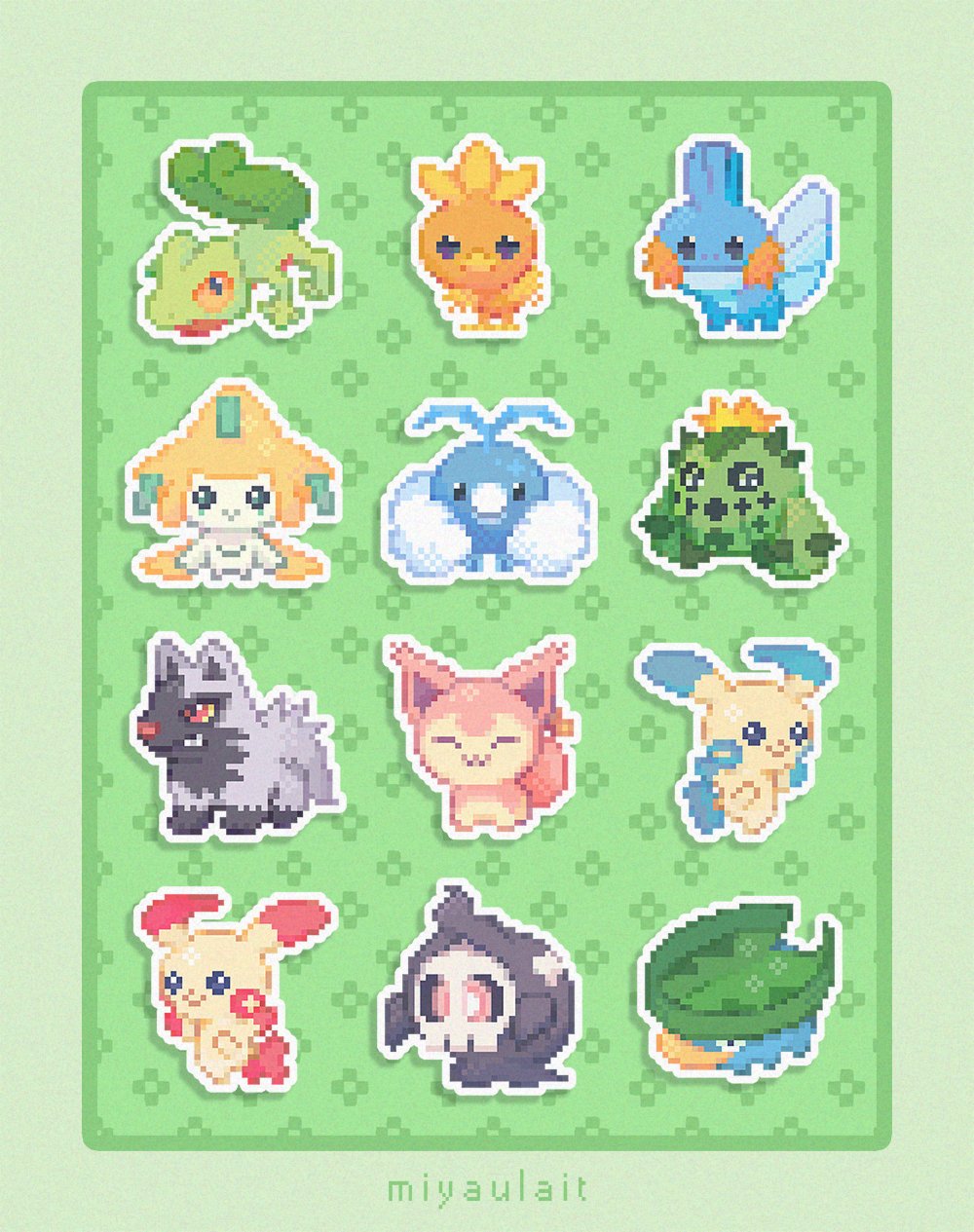 :3 artist_name border cacnea closed_eyes closed_mouth creatures_(company) duskull facing_viewer game_freak gen_3_pokemon green_background green_border highres jirachi legendary_pokemon looking_at_viewer lotad minun miyaulait mudkip mythical_pokemon nintendo no_humans outline pixel_art plusle pokemon pokemon_(creature) pokemon_focus poochyena skitty smile swablu torchic treecko